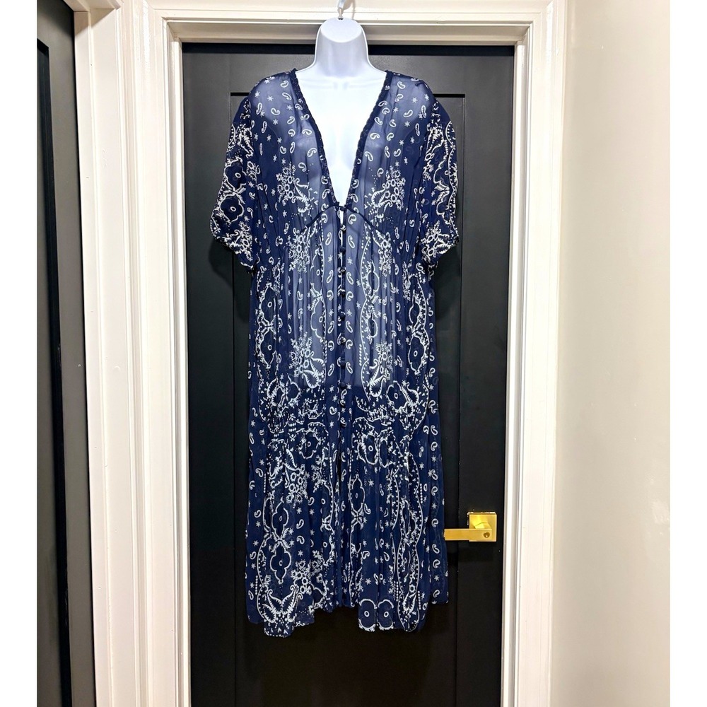 Sundance Catalog Brielle Navy Blue Bandana Print Boho Sheer Dress Sz Large